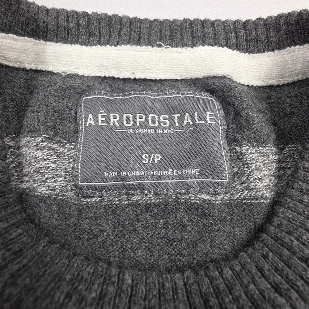 Aeropostale A87 Mens Small Gray Striped Crewneck Cotton Wool Blend Sweater